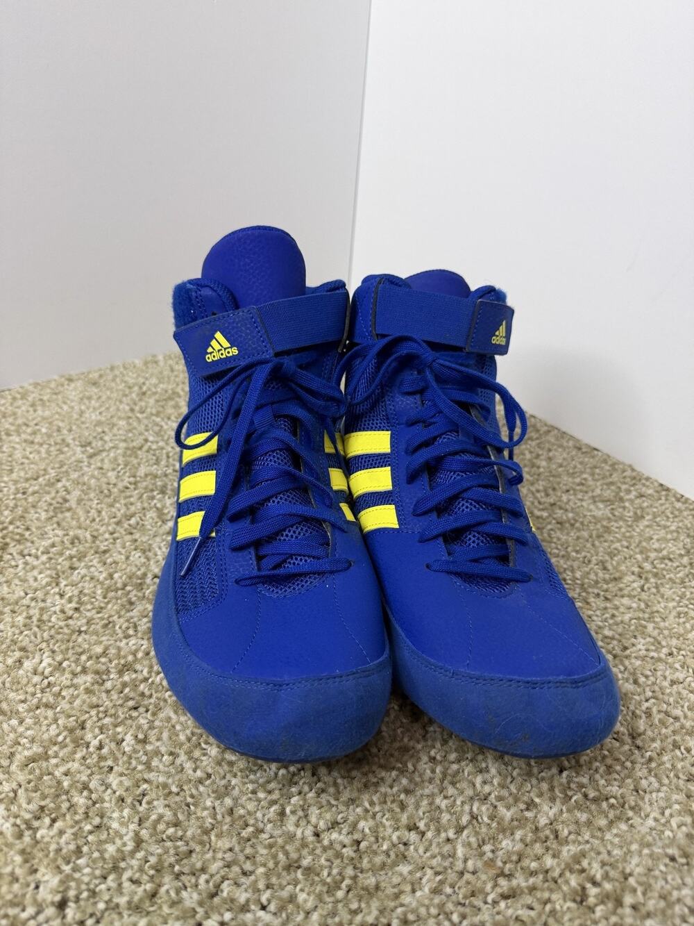 Adidas Wrestling Shoes Mens Size 12 Blue High Top Sneakers Yellow Stripes